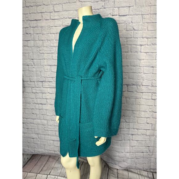 American vintage OOAK Hand knit over sized green belted cardigan size medium - Picture 5 of 14